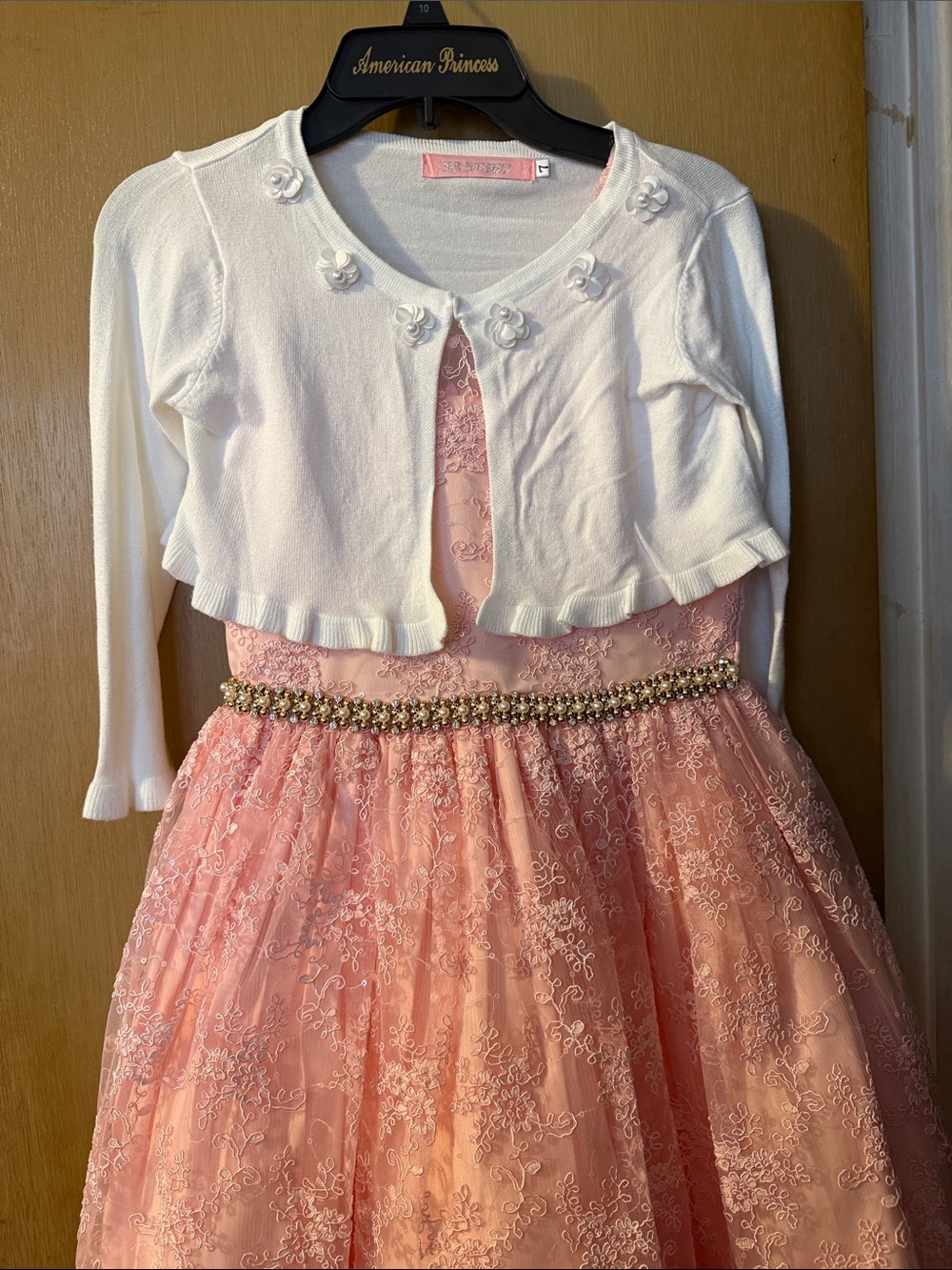 American Princess Pink Lace Dress with White Bolero and Jeweled Waist